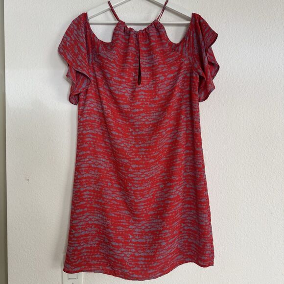 Veronica M Dress Sz S Red & Blue Flutter Sleeve Cold Shower Elastic Summer $189 - Picture 6 of 10